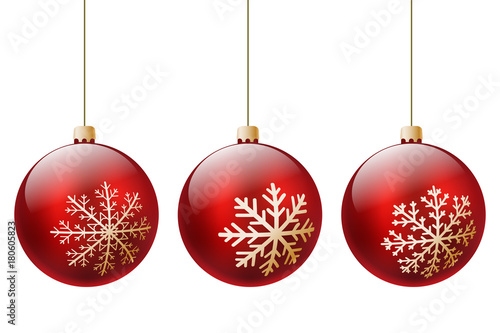 three red Christmas ball decorated with Winter Golden Snowflakes on a white background. 