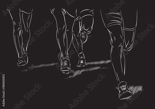 Marathon running race, people feet, vector sketch