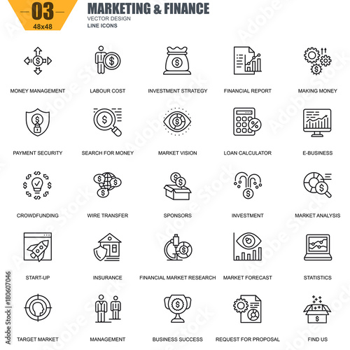 Thin line marketing and finance icons set for website and mobile site and apps. Contains such Icons as Crowdfunding, Market, E-business. 48x48 Pixel Perfect. Editable Stroke. Vector illustration.