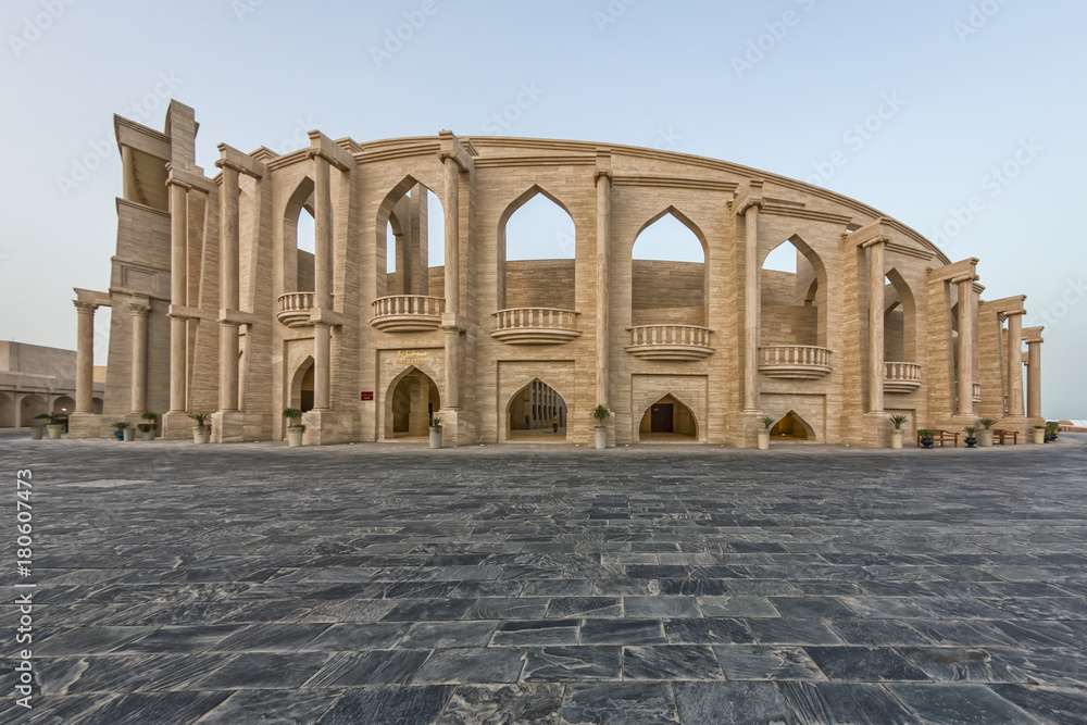 The amphitheater in Katara Cultural Village, Doha Qatar panoramic view in daylight from outside.