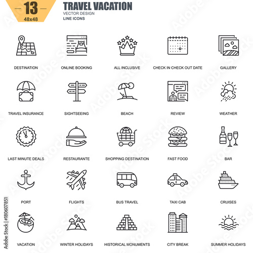 Thin line travel and tourism, for travel agencies icons set for website and mobile site apps. Contains such Icons as Booking, Summer Holiday. 48x48 Pixel Perfect. Editable Stroke. Vector illustration.