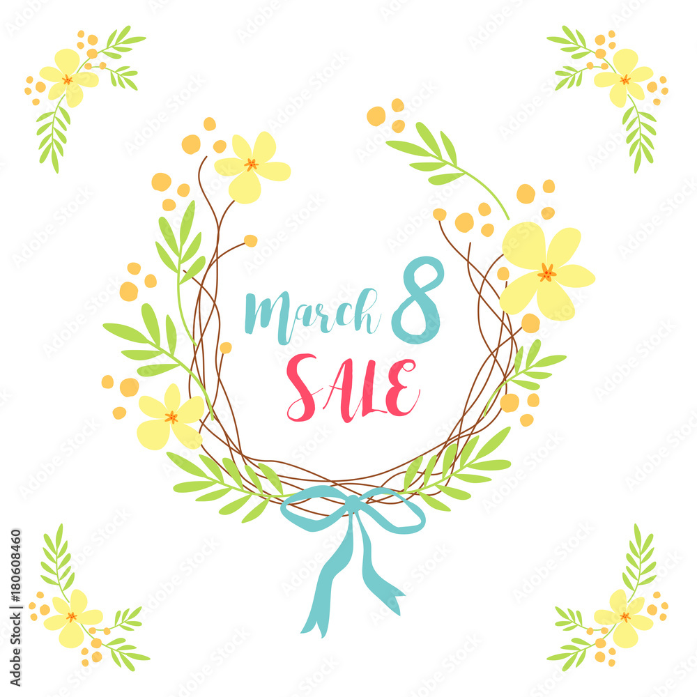 Cute hand drawn International Women's Day sale banner as rustic wreath with different first spring flowers