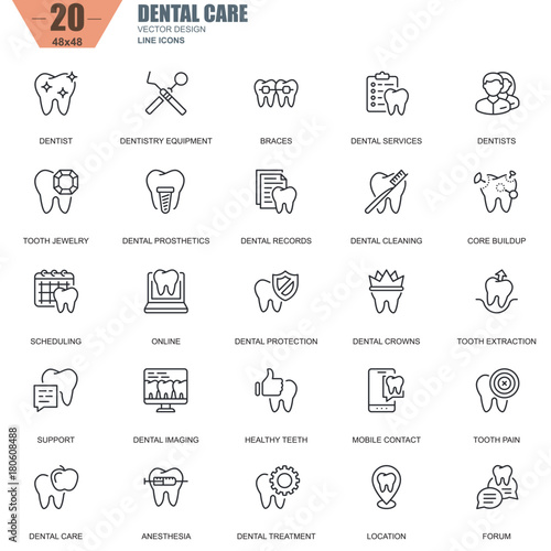 Thin line dental care, dentistry equipment, hygiene icons set for website and mobile site and apps. Contains such Icons as Dentist, Braces. 48x48 Pixel Perfect. Editable Stroke. Vector illustration. photo