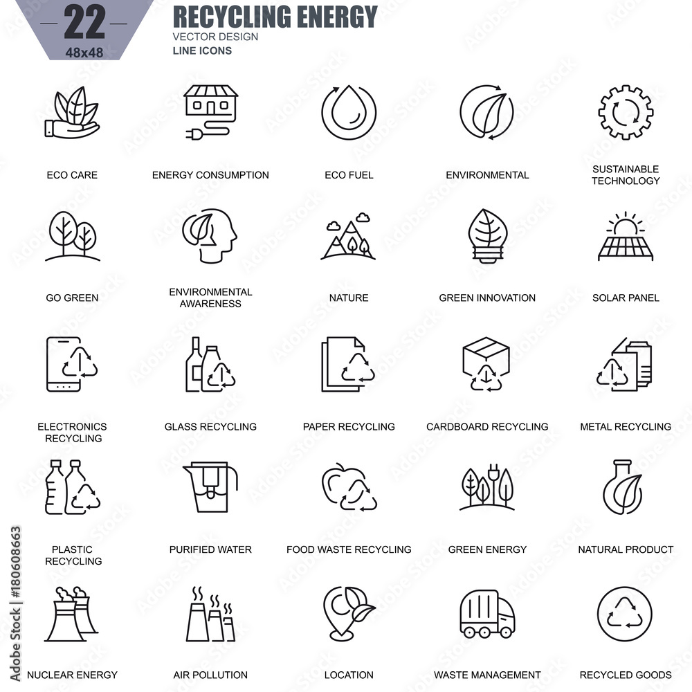 Thin line recycling, environmental protection, eco care icons set for website and mobile site apps. Contains such Icons as Eco, Innovation. 48x48 Pixel Perfect. Editable Stroke. Vector illustration.