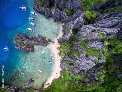 El Nido, Palawan, Philippines, aerial view of dramatic karst scenery at Secret Lagoon beach. photo