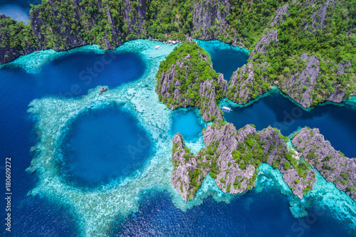 Coron, Palawan, Philippines, aerial view of beautiful lagoons and limestone cliffs. photo