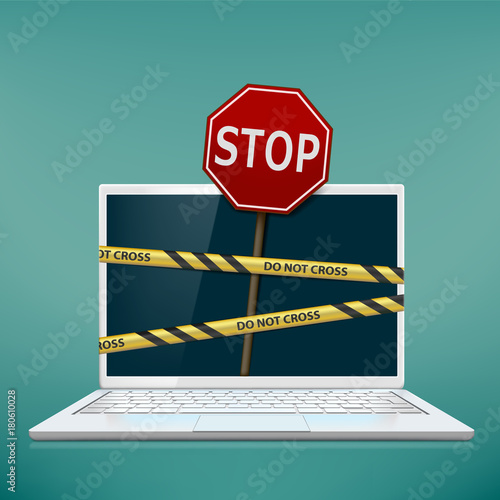 Laptop screen with warning tape