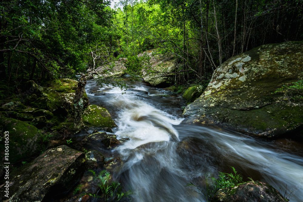 Waterfall with green moss in the tropical rainforest landscape Waterfall with green moss in the tropical rainforest landscape