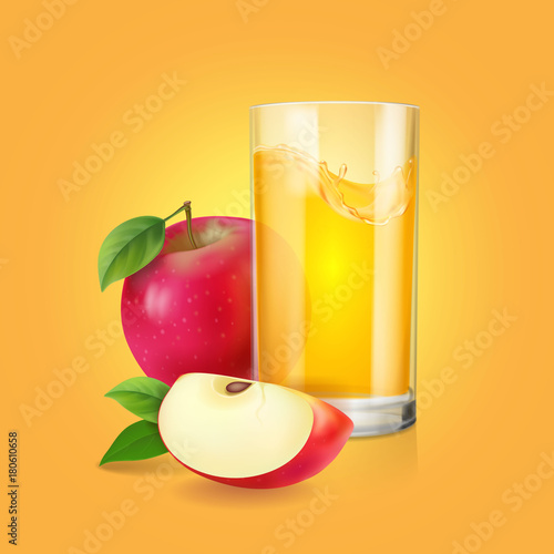 Fresh apple juice in realistic transparent glass and red apple slice