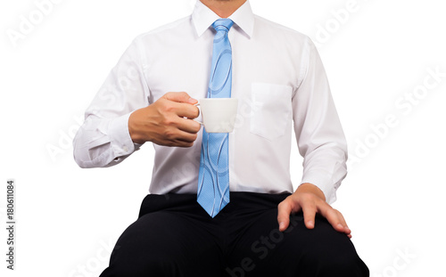 Business man hold white cup of coffee with white shirt. Cliping path.