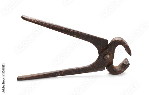 Old rusty metal pincers, isolated on white background