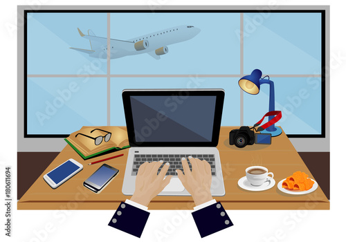 work table with equipment vector design