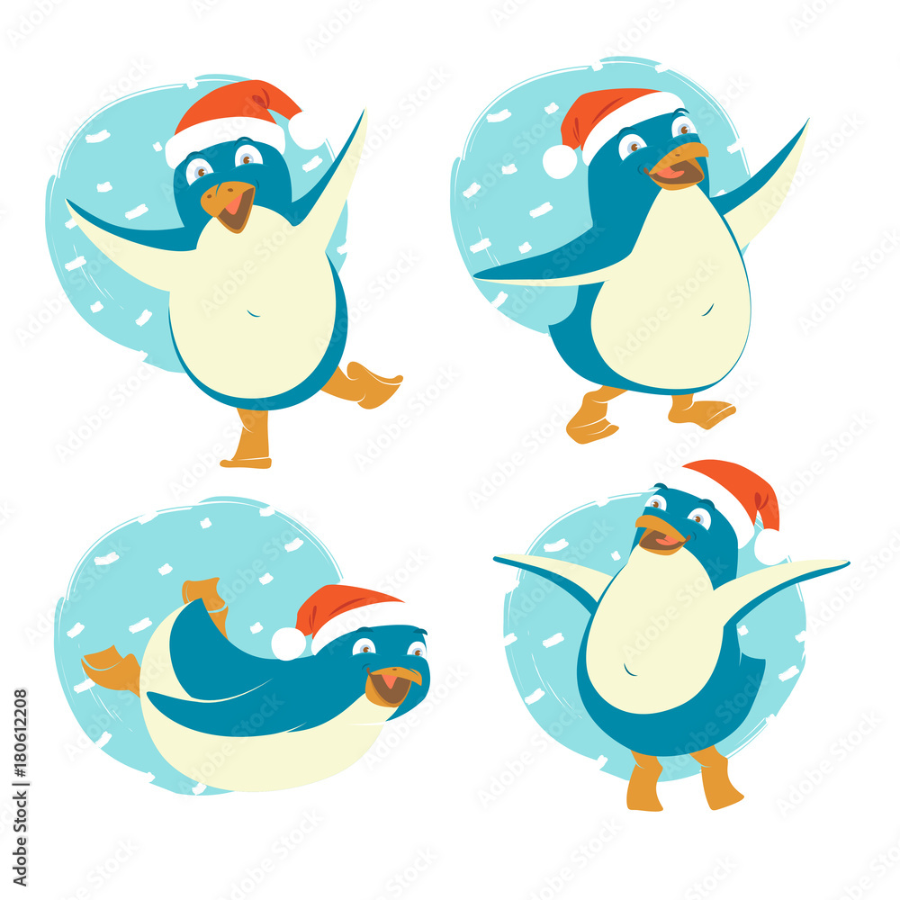 Set of funny penguins wearing red Santa Claus hats. Merry Christmas and Happy New Year greeting card, poster, flyer, banner design elements. Flat style vector illustration Set of funny penguins wearing red Santa Claus hats. Merry Christmas and Happy New Year greeting card, poster, flyer, banner design elements. Flat style vector illustration