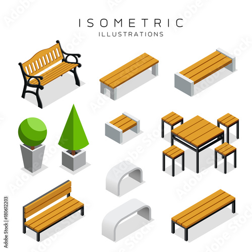 Isometric wooden bench collection vector illustration