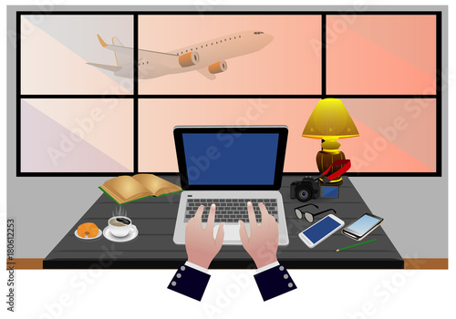 work table with equipment vector design