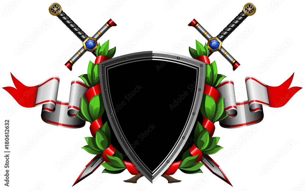 colored coat of arms with shield, wreath, ribbon and weapons Stock ...