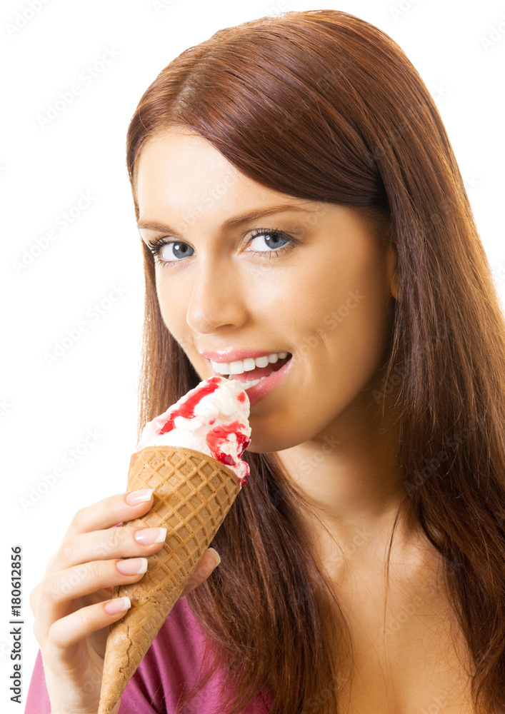 Beautiful woman eating ice cream, over white