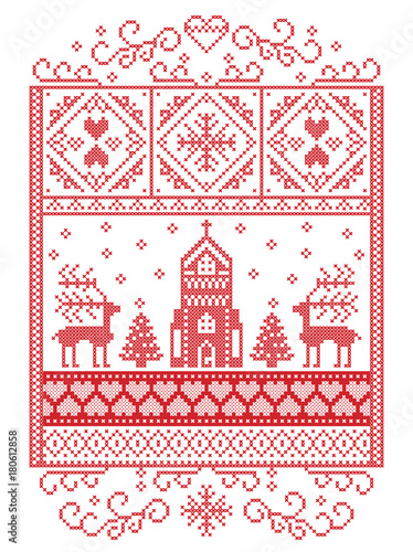 Elegant Merry Christmas Scandinavian, Nordic style winter pattern including snowflake, heart, reindeer, christmas tree, snow, snowflake, chapel in winter wonderland scenery,  in white and red
