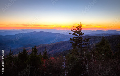 Beautiful Smoky Mountain Sunset Panorama. Sunset from Clingman's dome over the mountain range of the Great Smoky Mountains National Park in Gatlinburg, Tennessee.
