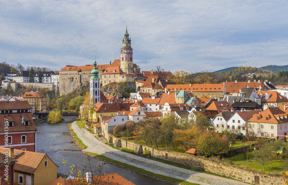 View of castle and houses in Cesky Krumlov, Czech Republic.