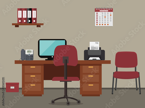 Workplace of office worker. There is a desktop, a computer, a phone, a printer, a shelf with folders, chairs and other objects in red colors in the picture. Vector flat illustration.