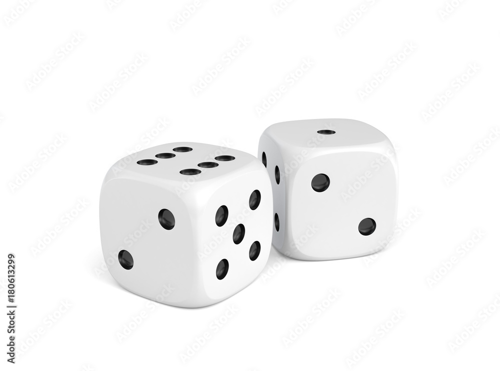 3d rendering of two white dice standing close to each other on a white background. 3d rendering of two white dice standing close to each other on a white background.