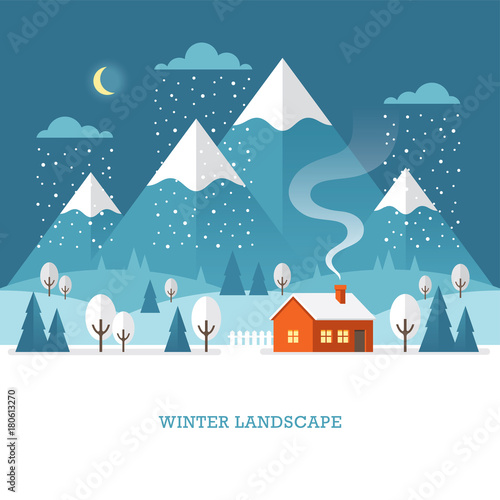 Winter landscape with house and mountains at night.
