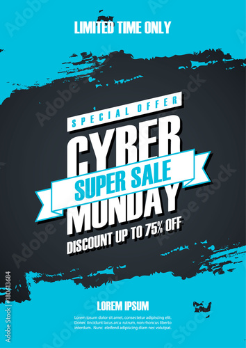 Cyber Monday Sale special offer poster with brush stroke background for commerce, business, promotion and advertising. Vector illustration.