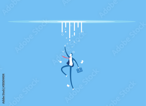 Businessman in danger, the worker drowns and goes to the bottom. Employee falls down. Business concept crisis, decline and failure vector illustration