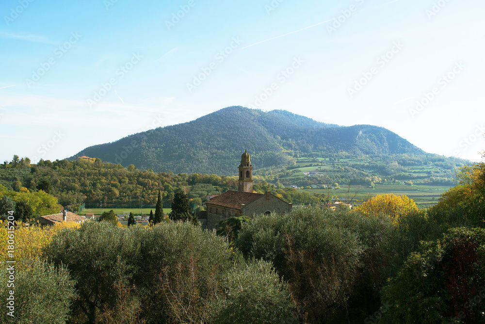 Euganean hills panorama of the arch-petrarch,Italy,05 November 2017,a panorama of the small town of Arquua-Petrarca on the Eugean hills, the poet and humanist Francesco Petrarca died and was buried in