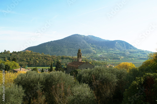 Euganean hills panorama of the arch-petrarch,Italy,05 November 2017,a panorama of the small town of Arquua-Petrarca on the Eugean hills, the poet and humanist Francesco Petrarca died and was buried in photo