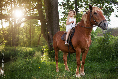 Llittle girl is riding a horse. Summer meadow. © dinachi