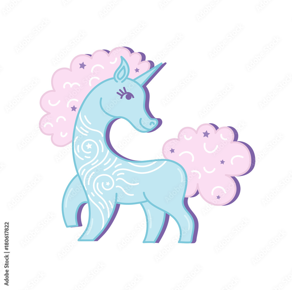 Blue vector standing unicorn with pink mane and horn.Baby style unicorn isolated on white background.Magic silhouette unicorn. Unicorn animal baby badge.Design for child t-shirt