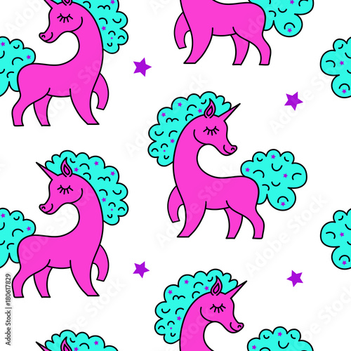 Unicorn pattern seamless vector on white background .Vector pattern with cute unicorn.Magic pink cosmic background with little unicorn.Baby wallpaper.Pink horse and blue colorful mane