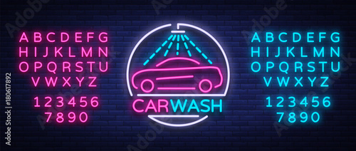 Car wash logo design emblem in neon style vector illustration. Template, concept, luminous sign on the theme of washing cars. Editing text neon sign. Neon alphabet