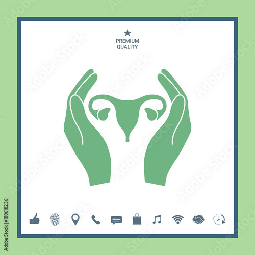 Hands holding Female uterus - protection icon