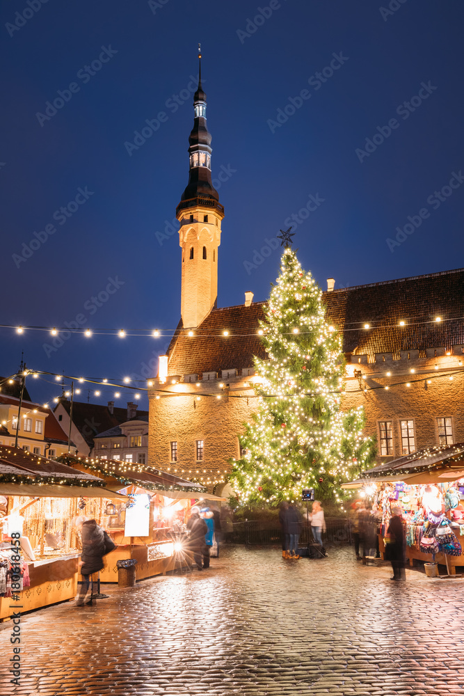 Christmas Market On Town Hall Square In Tallinn, Estonia. Christmas