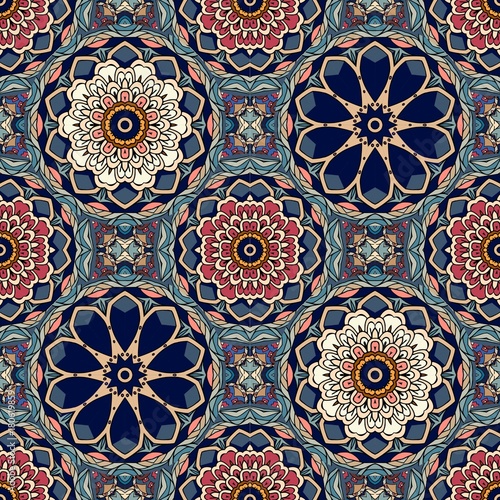Photo Seamless geometric pattern with stylized lotus and flowers mandalas
