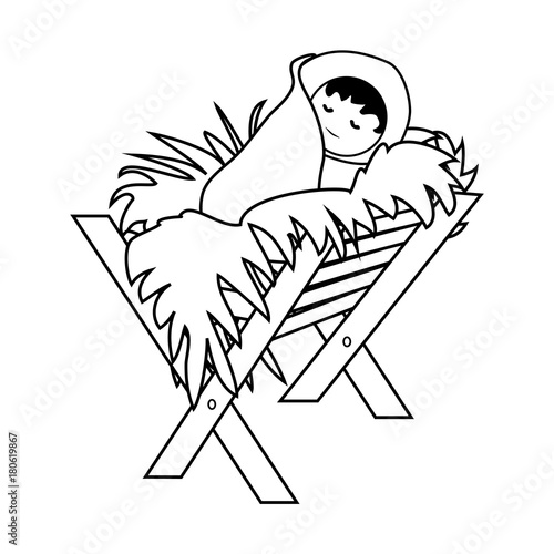 Baby Jesus Christ in the Manger. Outline Figure Icon Symbol Design. Vector Christmas illustration isolated on white background