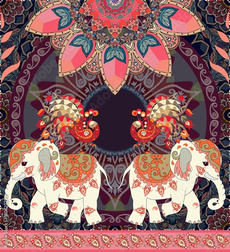 Vintage wedding invitation, greeting card or luxury seamless retro pattern with exotic elephants, peacocks, mandala and paisley border. African, indian, thai motives.