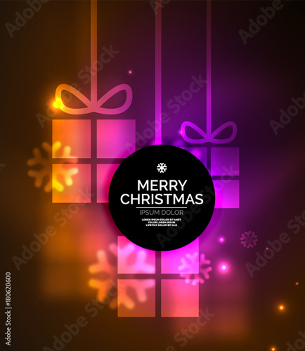 Glowing gift boxes with snowflakes, Christmas and New Year template