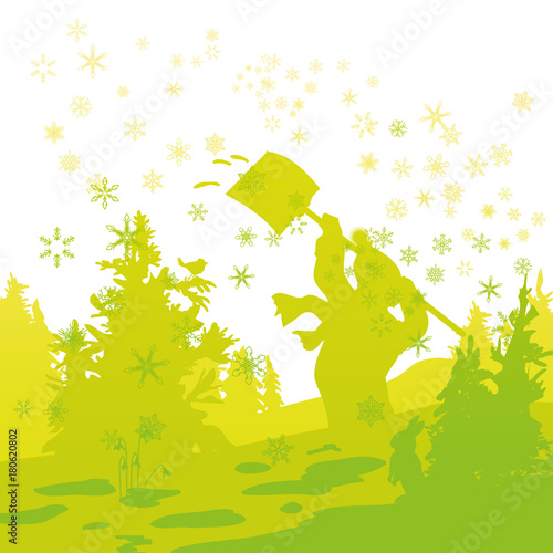 Mann schippt Schnee im Schneesturm