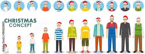 Christmas and New Year family concept. People generations at different ages in the Santa Claus hat. Man aging: baby, child, teenager, young, adult, old people. Different characters avatars icons set.