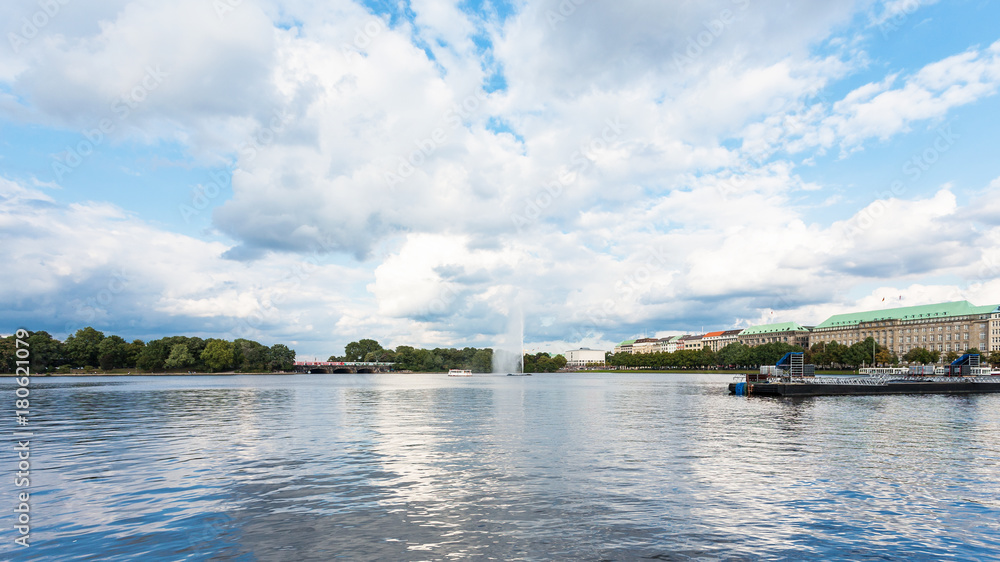 Inner Alster Lake with fountain in Hamburg city Inner Alster Lake with fountain in Hamburg city