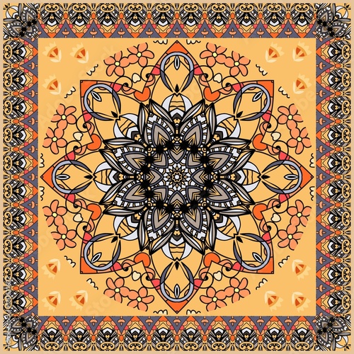 Ornamental shawl with flower mandala and ornate zigzag border. Russian, indian, persian motives. Vector autumn design. Greeting card, pillowcase, square rug.