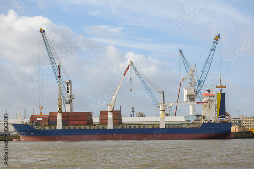 Multipurpose cargo vessel in the port of Hamburg, Germany.