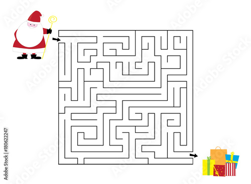 Maze game with cartoon Santa Claus and gifts 