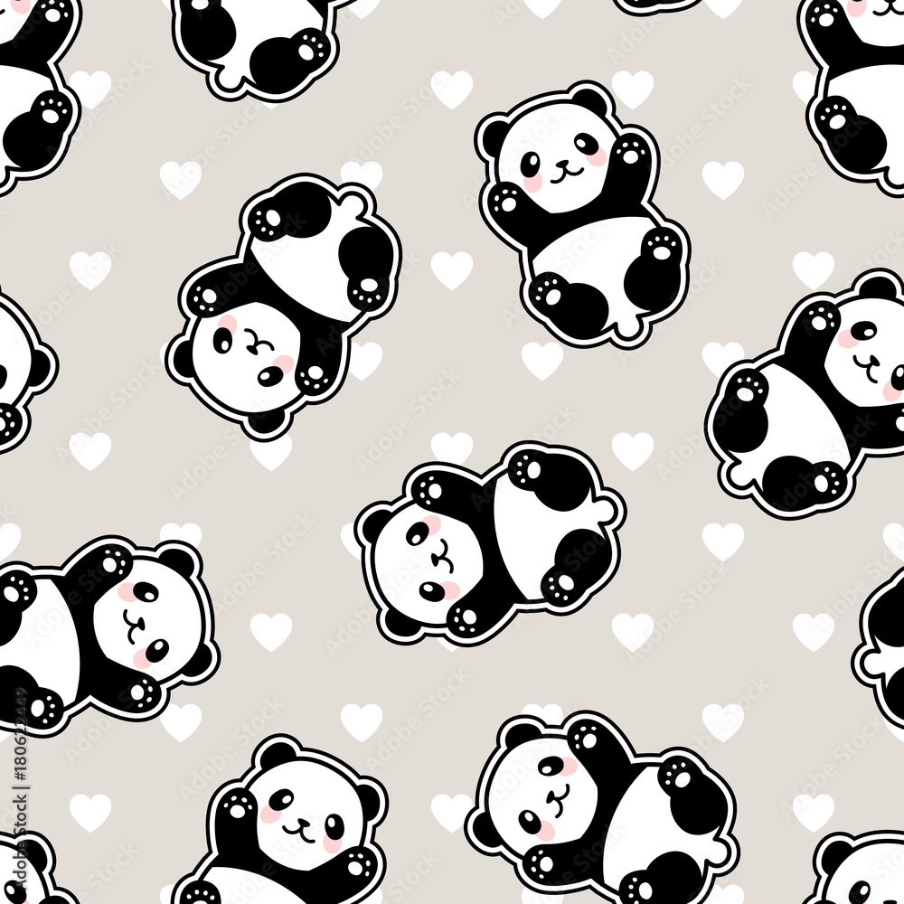Obraz premium Cute Cartoon Panda Seamless Pattern Background, Vector Illustration