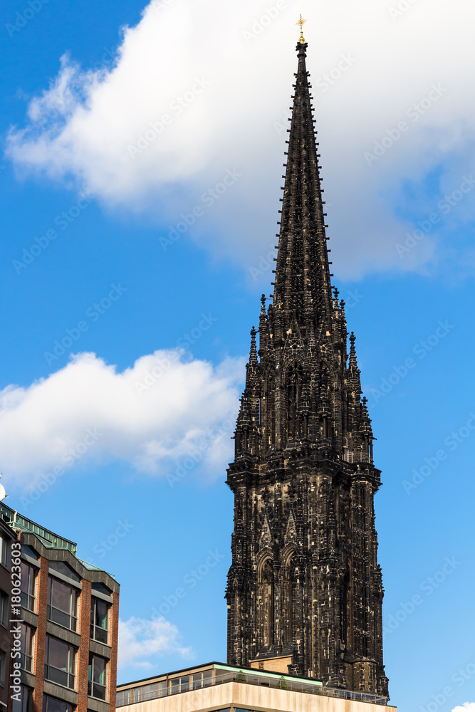steeple of St Nicholas Church in Hamburg city
