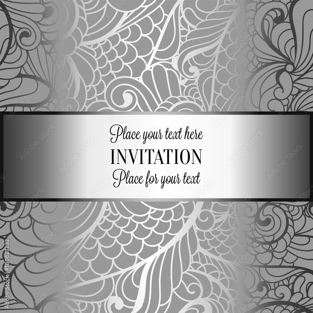 Romantic background with antique, luxury gray, black and metal silver vintage frame, victorian banner, intricate exquisite rococo wallpaper ornaments, invitation card, baroque style booklet, gothic